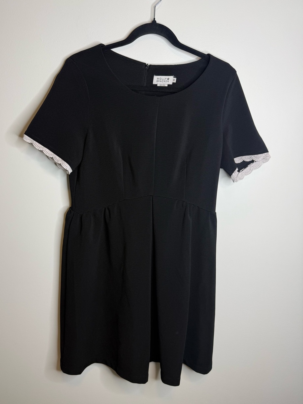 Molly Bracken Black Dress with White Lace Sleeve Trim size medium